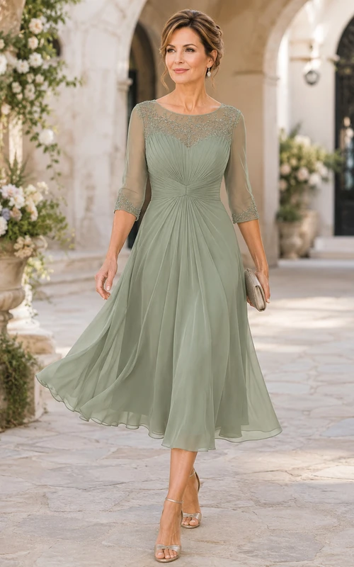 Robe de mère en dentelle sauge illusion longueur thé avec manches trois-quarts