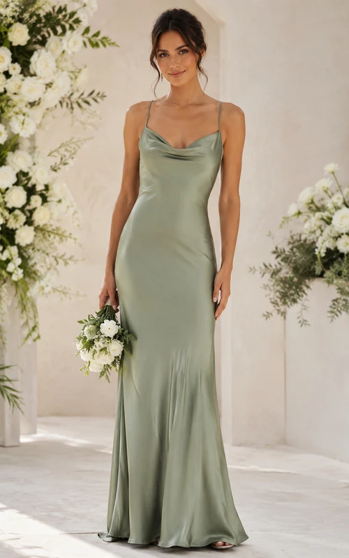 Robe de demoiselle d'honneur fourreau en satin sauge à col bénitier