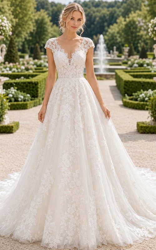 Brautkleid im französischen Gartenstil mit kurzen Ärmeln und Spitze in A-Linie