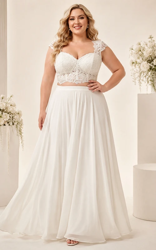 Top corto de gasa con tirantes de encaje de talla grande, conjunto de estudio para novias.