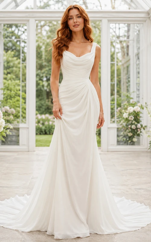 Robe de mariée minimaliste en satin, coupe sirène, col bénitier, sans manches, traîne.
