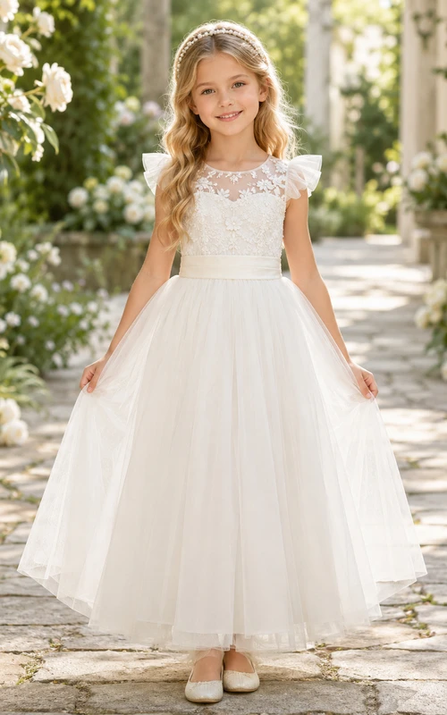 Robe de demoiselle d'honneur en dentelle champagne et tulle, coupe trapèze, manches courtes, col rond, longueur midi, nœud dans le dos