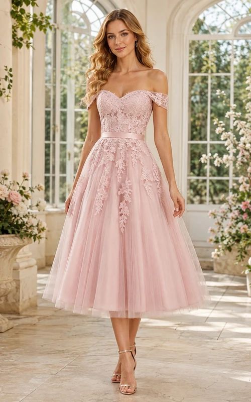 Pink Tulle Lace Off-Shoulder Floral A-Line Tea-Length Romantic Formal Dress