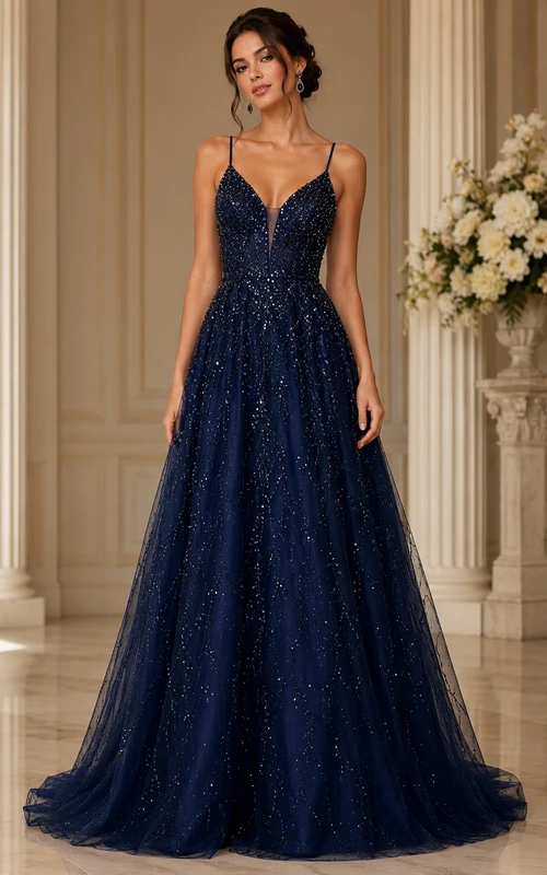 Marineblaues, perlenbesetztes Ballkleid mit offenem Rücken und A-Linien-Design