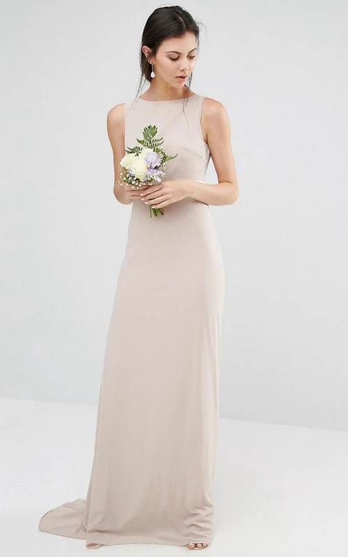 Sheath Floor-Length Jewel Neck Sleeveless Bowed Chiffon Champagne Bridesmaid Dress