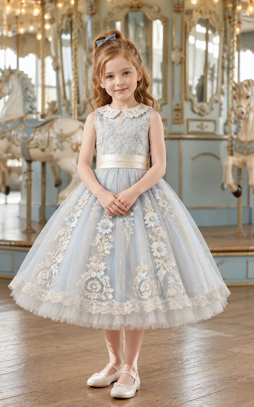 Mist Blue Flower Girl Dress with Lace Collar, Sleeveless Embroidered Bodice, Tea-Length A-Line Tulle Skirt and Ivory Satin Back Bow