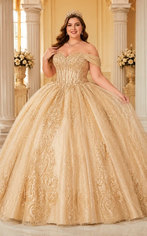 Plus Size Gold Off Shoulder Beaded Ball Gown Quinceanera Dress