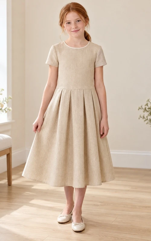 Simple Modest Sand Tea-length Dropped Waist Short Sleeve Broad Pleated Flower Girl Dress