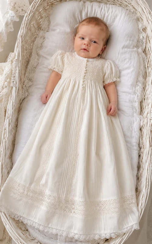 Vintage Christening Gown A-Line Cotton Lace Jewel Neck Pleated Full Skirt