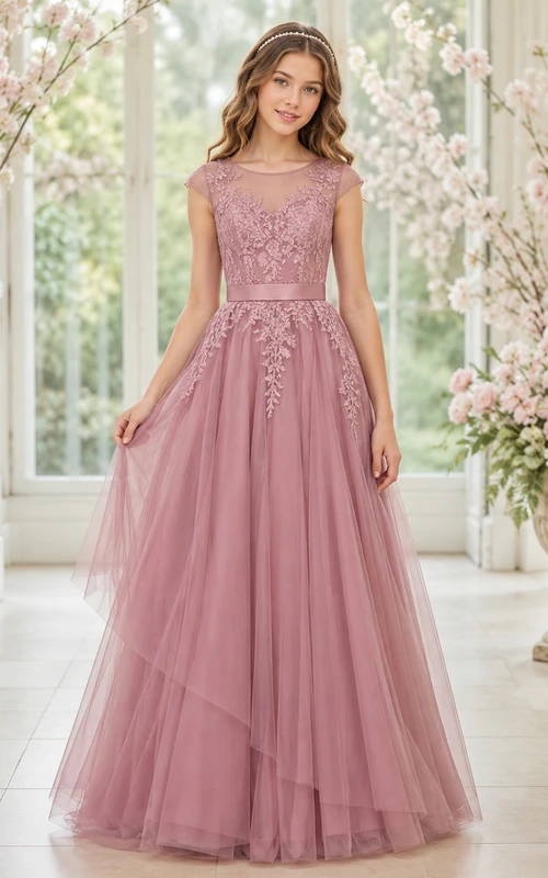 Vintage-Brautjungfernkleid in Mauve, A-Linie, herzförmiger Schnitt, kurze Ärmel, Spitze, elegant