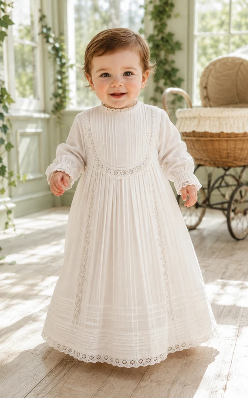 Elfenbeinfarbenes, langärmeliges Taufkleid aus Spitze mit Biesen und Spitzenmuster für Jungen