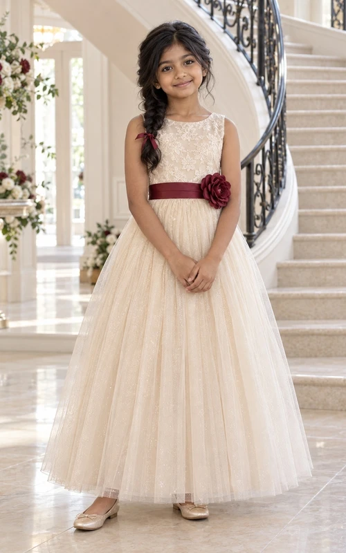 Ivory Floral A-line Tulle Sleeveless Ankle-length Burgundy-sashed Rosette-waist Flower Girl Dress