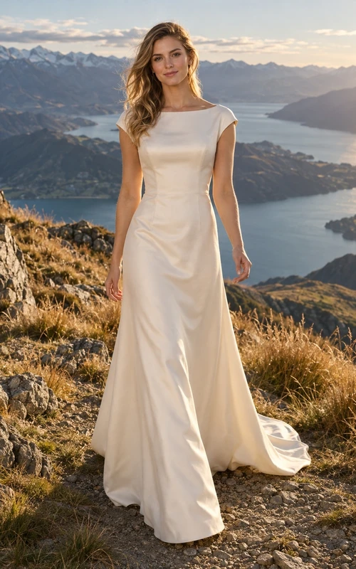 Schlichtes, ärmelloses Brautkleid aus Satin mit U-Boot-Ausschnitt und Schleppe