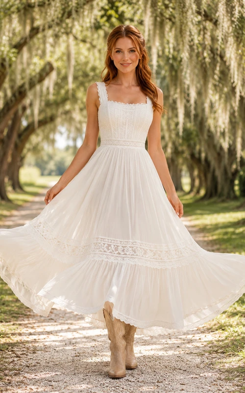 Southern Country Simple Casual Vintage A-Line Lace Tulle Wedding Dress with Square Neck Sleeveless Tea-Length Tiered Low Back