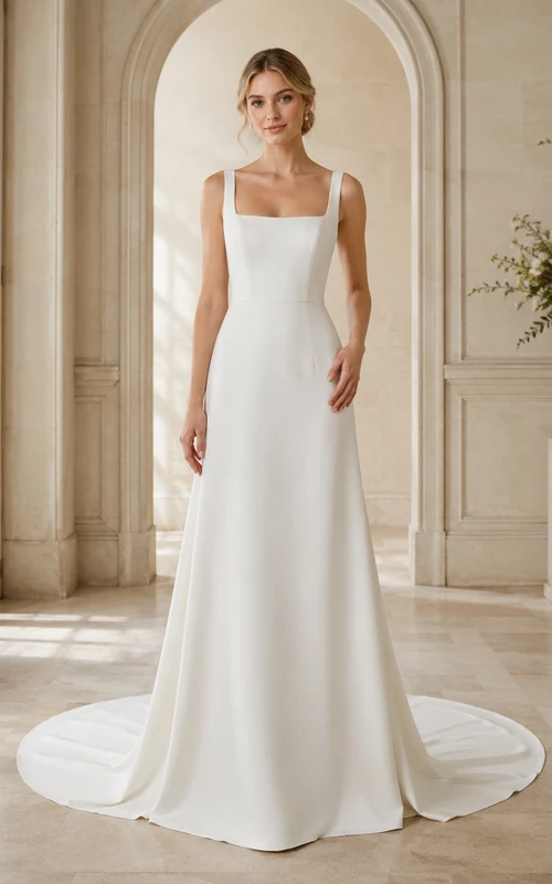 Robe de mariée minimaliste en satin classique, col carré, sans manches, coupe trapèze et traîne, idéale pour une salle de bal.