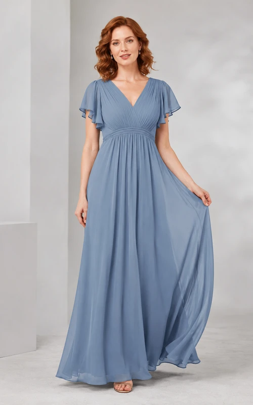 Stahlblaues Chiffon-Abendkleid mit V-Ausschnitt und flatternden Ärmeln
