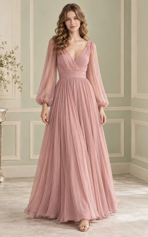Robe de bal longue en mousseline rose poudré à manches longues et col en V, années 1970