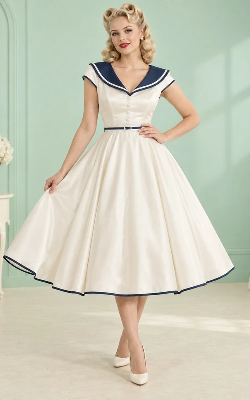 Vestido de novia vintage de satén con corte en A, cuello marinero, mangas cortas, cinturón y largo hasta la rodilla, color azul marino.