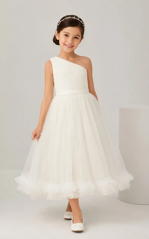 One Shoulder Tulle A-Line Flower Girl Dress with Tea-Length Skirt