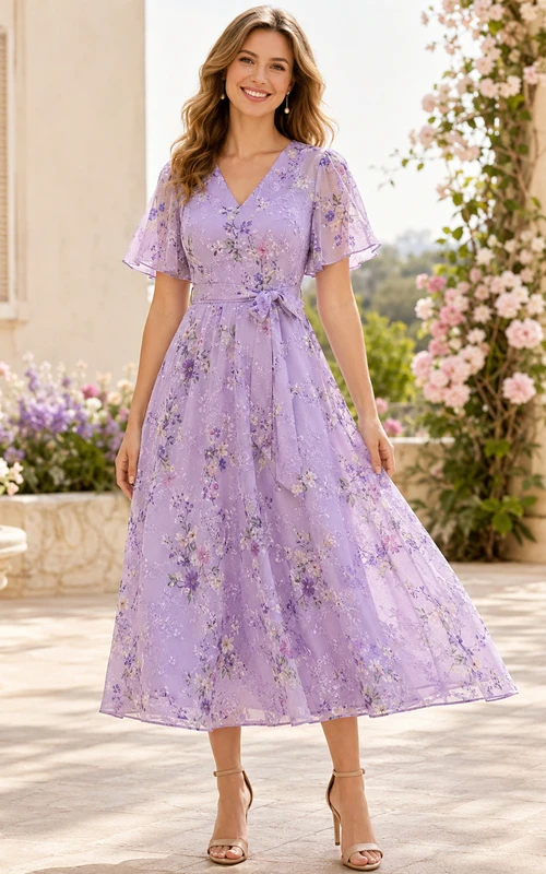 Lavendelfarbenes Chiffon-Kleid mit Blumenmuster, V-Ausschnitt, flatternden Ärmeln und A-Linien-Schnitt (Bayram-Stil)