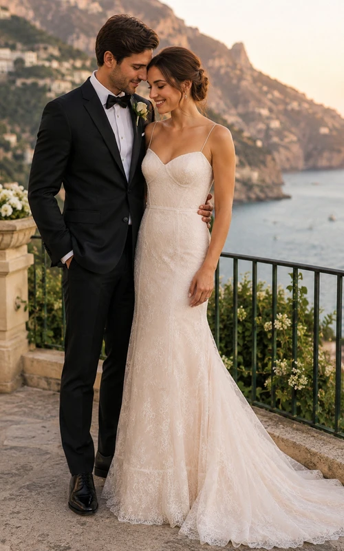 Sexy Brautkleid in A-Linie aus Spitze mit Spaghettiträgern, Stäbchen und offenem Rücken