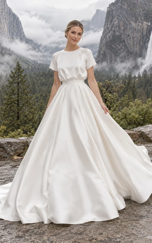 Vestido de novia sencillo de satén fruncido con escote barco y mangas cortas, largo hasta el suelo.
