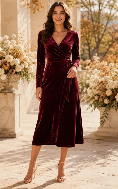 Burgundy V-Neck Long Sleeve Velvet Wrap High-Low Wedding Guest Dress