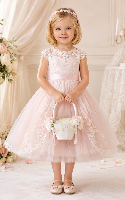 Flower Girl Dress Blush Lace Tulle A-Line Jewel Neck Tea Length Bow Back