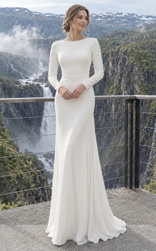 Vestido de novia de crepé de manga larga con escote barco discreto, espalda cubierta y cola.