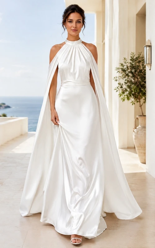 High Neck Cape Sleeve Satin A-Line Floor-Length Elegant Wedding Dress