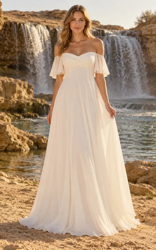 Vestido de novia sencillo de gasa con escote corazón, mangas con volantes y corte en A, largo hasta el suelo.