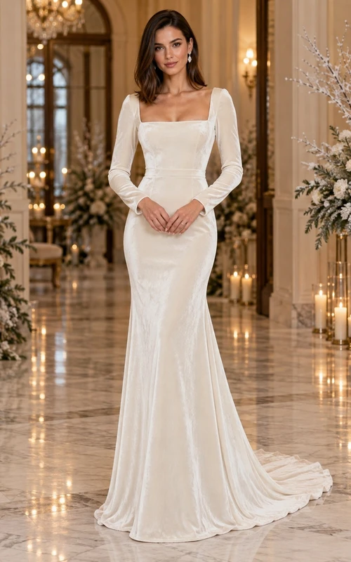 Vestido de novia de terciopelo con escote cuadrado, manga larga y cola larga, estilo sirena.