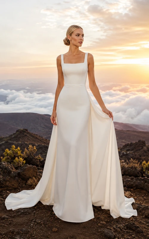 Robe de mariée en satin, coupe trapèze, col carré, larges bretelles, empiècements latéraux fluides et traîne chapelle