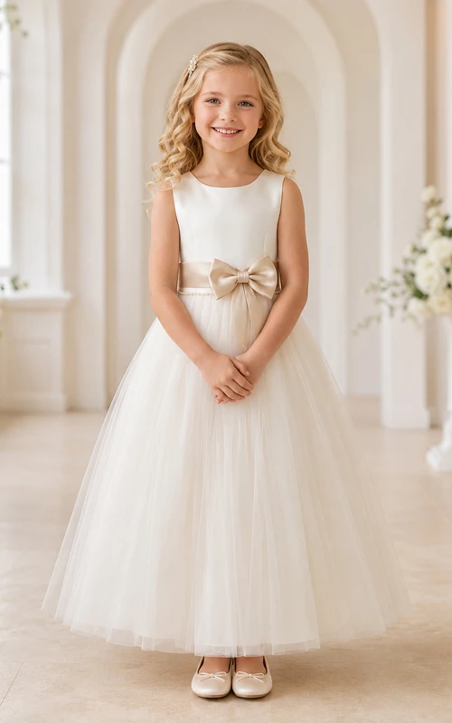 Satin Tulle Sleeveless A-Line Floor-Length Bow Flower Girl Formal Wedding Dress