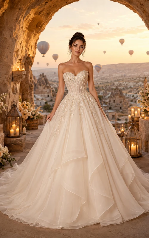 Prinzessinnen-Trägerloses Ballkleid aus Tüll mit Herzausschnitt – Perfekt für die Hochzeit im Ausland