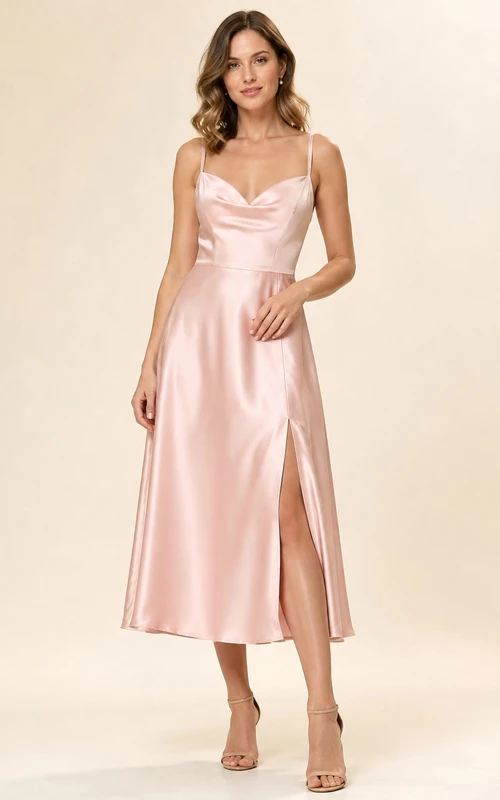 Blush Spaghetti Strap Satin Sheath Tea-length Slit New Arrival Dress