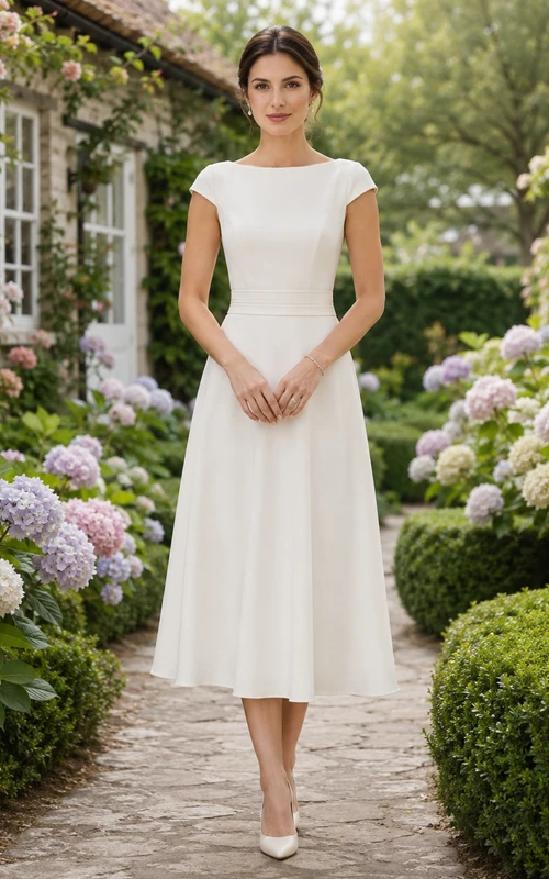 Elfenbeinfarbenes Midikleid mit kurzen Ärmeln und Rundhalsausschnitt in A-Linie