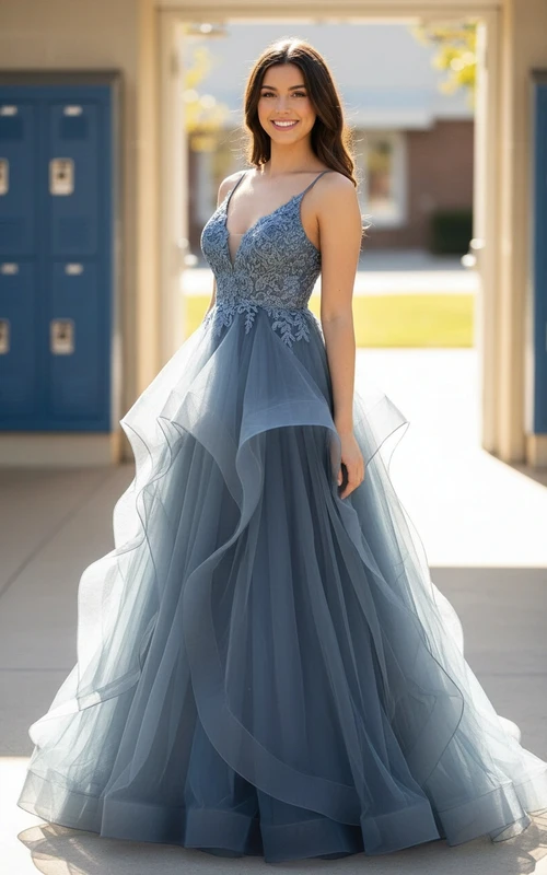 Ätherisches blaues Tüll-Ballkleid