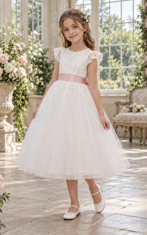Vestido de niña de flores blanco con estampado floral, corte en A, mangas cortas, fajín rosa y espalda en V.