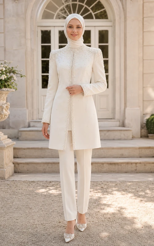 Modest Muslim Pearl Embellished Long Jacket Wedding Pantsuit