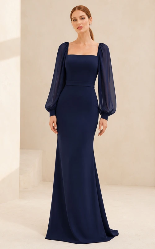 Dark Navy Square Neck Bishop Sleeve Mermaid Gown