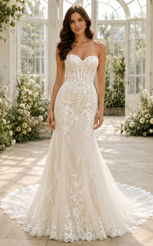 Vestido de novia catedral sin tirantes de encaje con cintura estilo vasco floral sirena