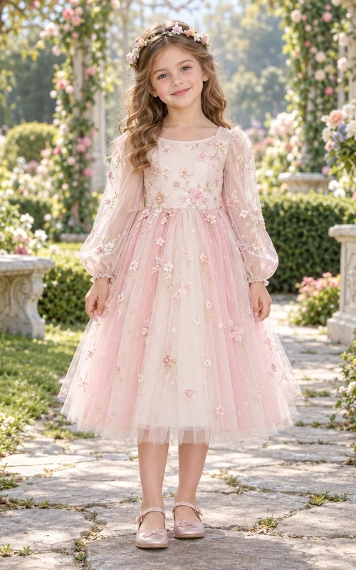 Märchenhaftes, langärmeliges, rosafarbenes Blumenkleid mit Rundhalsausschnitt aus Tüll für Blumenmädchen