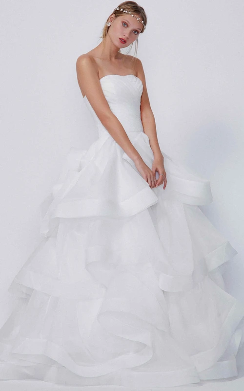 Ballkleid, trägerlos, ärmellos, bodenlang, gerafftes Organza-Hochzeitskleid mit Rüschen und Stufen