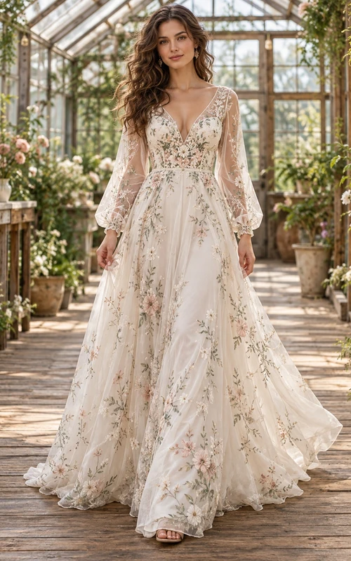 Boho Floral V-neck Long Poet Sleeve Tulle Wedding Dress