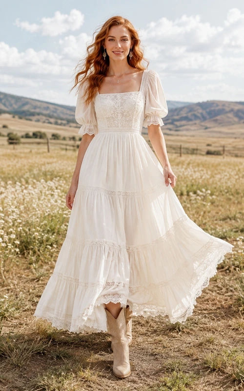 Rustikales Brautkleid aus Chiffon mit quadratischem Ausschnitt, Puffärmeln und Stufenrock in A-Linie und Knöchellänge