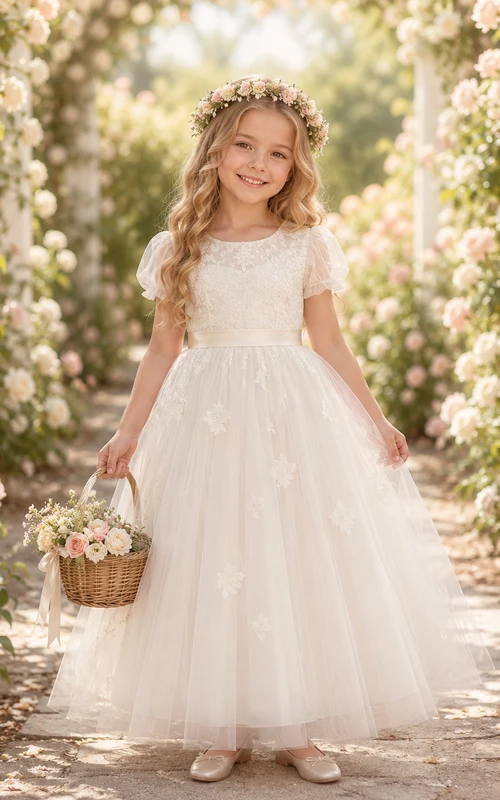 Tüll-Blumenmädchenkleid mit Puffärmeln