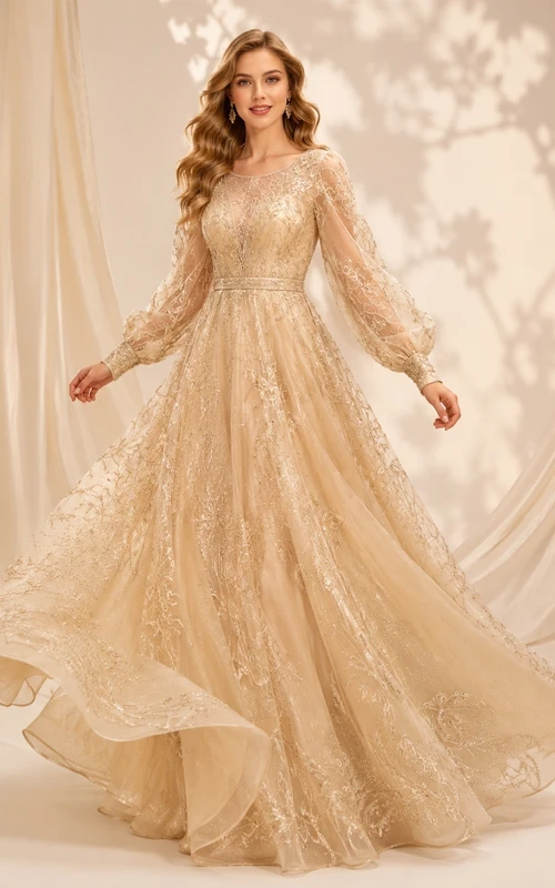 Vestido de novia largo hasta el suelo con cuello joya, mangas largas y corte en A, de tul con delicados pliegues.