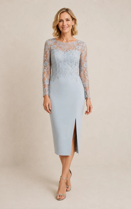 MOB Dress Sky Blue Lace Stretch Satin Sheath Long Sleeve Bateau Neck Knee Length with Slit