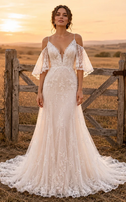 Robe de mariée champêtre en dentelle, coupe sirène, décolleté en V, manches cloche, traîne chapelle et dos nu fendu.